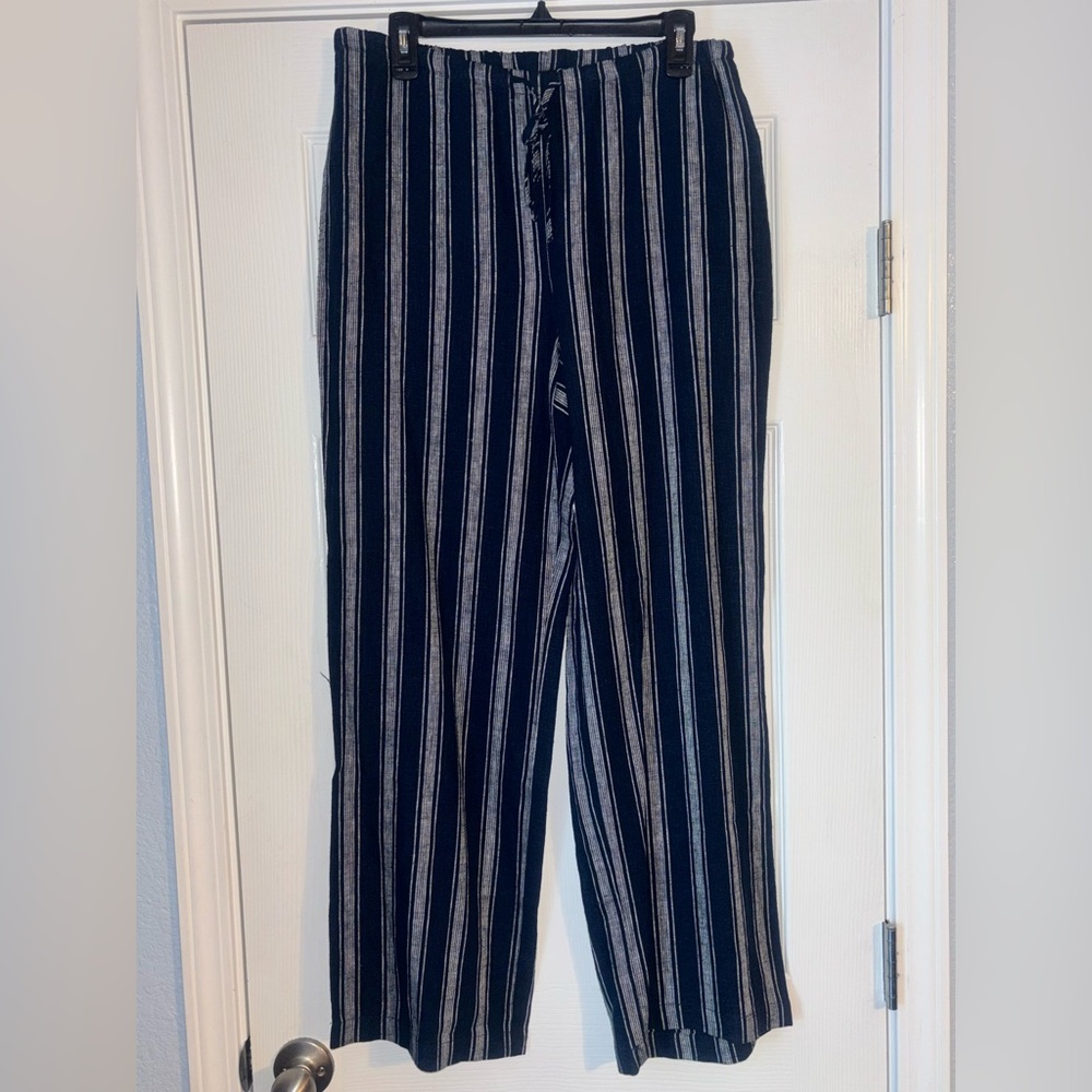 Melissa Paige Blue and White Wide Leg Striped Linen Pants